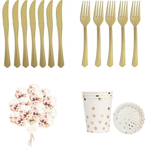 168PCS Disposable Dinnerware Set Rose Gold Paper Plates Napkins Cups Forks Knives Balloons Birthday Wedding Party Baby Shower
