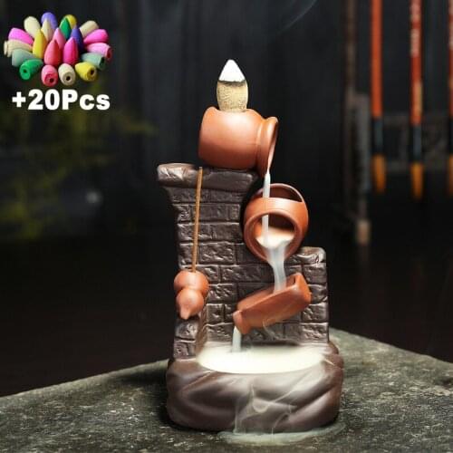 +20pcs Incense Cones Ceramic Creative Flowing Water Backflow Incense Burner Aromatherapy Censer Tea Pet Feng Shui Home Decor