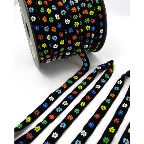 5/8 Inch Black Grey Embroidered Velvet Ribbon with Felt Flower|Sewing|Quilting|Jewelry Design|Embellishment|Decorative