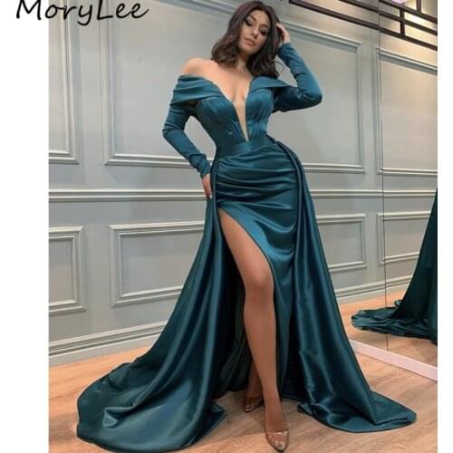 Prom Dresses Mermaid Long Sleeves Side Slit Sweep Train Satin Pleated Prom Dresses With Lace Up vestidos de fiesta de noche