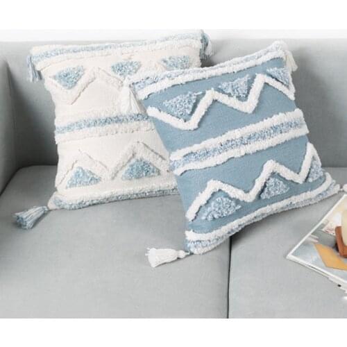 Bohemian Macrame Tufted Tassel Long Throw Pillow Case Blue Beige Textured Fringe Tribal Decorative Cushion Cover