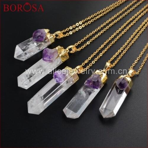 BOROSA Gold Color Cluster Aura Druzy Quartz Crystal Point With Natural Purple Druzy Pendant Necklace Fashion Jewelry WX009-N