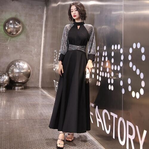 Black Elegant Evening Dress 2020 New Fashion Illusion Long-sleeved Banquet Party Dress with Sashes Bow Prom Dresses Tea Length
