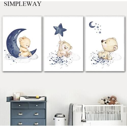 Child Nursery Poster Bear Moon Star Canvas Wall Art Print Animal Painting Nordic Kids Decorative Picture Baby Boy Bedroom Decor