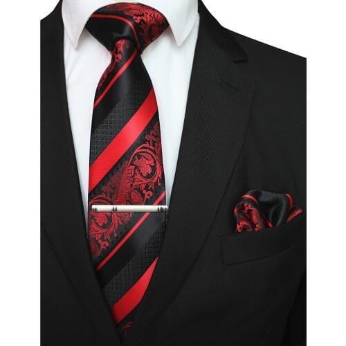 GUSLESON New Classic Striped Floral Men Ties Pocket Square Tie Clip Set Red God Green Silk Necktie Suit Wedding Business