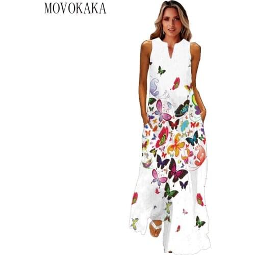 MOVOKAKA New Butterfly Print White Dress 2021 Casual Plus Size Long Dresses Summer Woman Sleeveless Girls Beach Maxi Dress Women