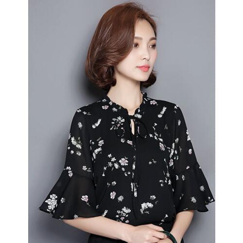 Fashion Printed Chiffon Blouses Women Summer Half Sleeves Korean Loose Thin Flare Sleeve Shirt Ladies Casual Tops Clothes H9033