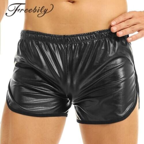 Mens Black Wetlook Shiny Sexy Stretchy Faux Leather Elastic Waistband Sport Hot Boxer Short Pants With a Back Pocket