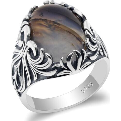 925 Sterling Silver Mens Ring with Big Natural Agate Stone Vintage Punk Thai Silver Ring to Husband Turkish Fine Jewelry Gift