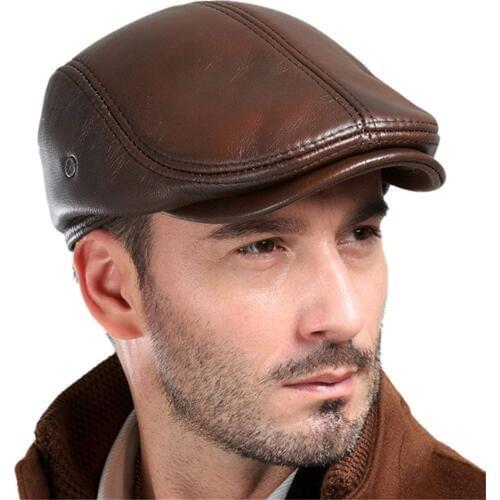 Mens Real Cowhide Leather Beret Hunting Cap Beanie Trucker Cap Mens Sports Hat