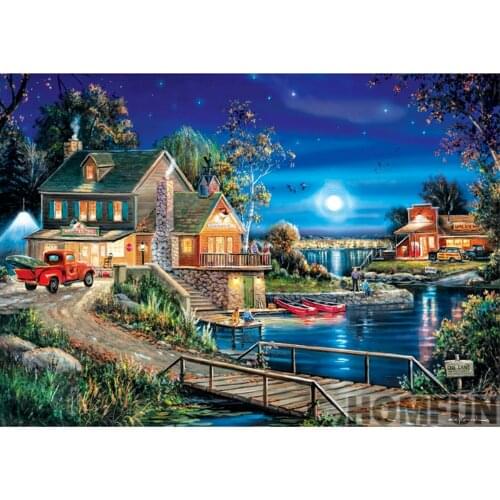 5D DIY Poured Glue Diamond Painting Kits Full Round With AB Drill Moonlight & House Embroidery Cross Stitch 5D Home Decor Gift