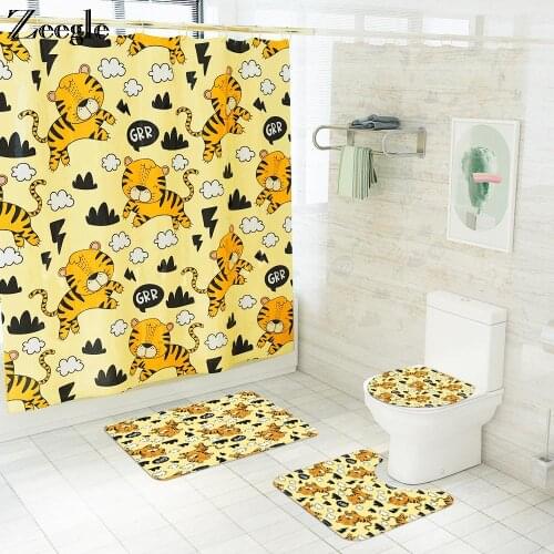 4PCS Bath Mat Shower Curtain Set Cartoon Animal Custom Set Toilet Seat Cover Mat Tiger Cat Anti-slip Bath Mat Set