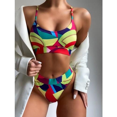 New Colorful Female Swimsuit High Waist Bikini Women Swimwear Two-pieces Bikini set Print Bather Bathing Suit Swim Lady