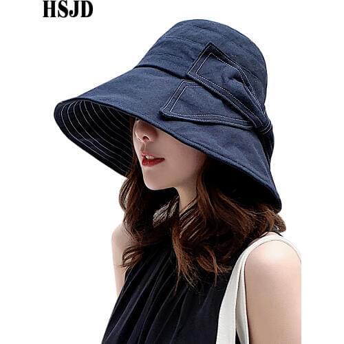 Fashion New Big Bow Denim Blue Sun Hat 2019 Summer Women Anti-UV Wide Brim Beach hat Bowknot Foldable Bucket Hat Fisherman Cap