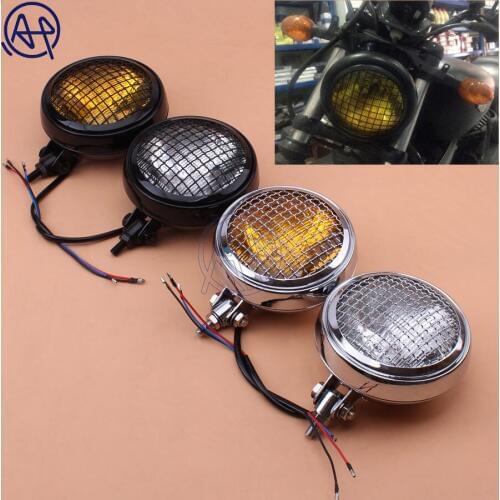 Motorcycle Old School Vintage Metal Retro Front Hi-Lo H4 Headlight Clear/Amber Lens+Grill Mask Black/Chrome For Harley Chopper