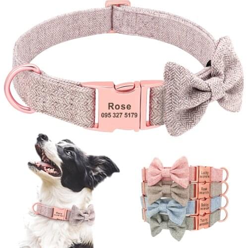 Personalized Dog Collar With Bow Tie Soft Woolen Cloth Dogs ID Collars Anti-lost Free Engraving Cute Bowknot Pet Accessories