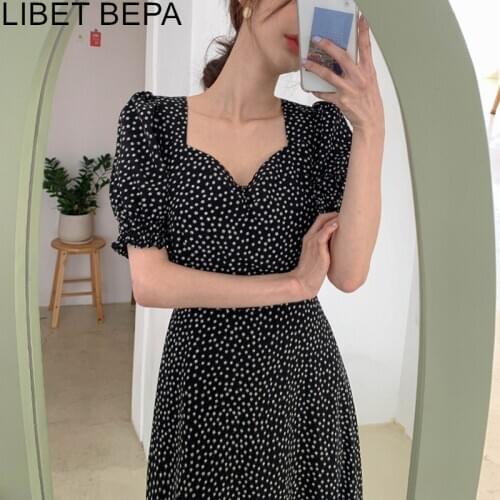 2021 New Summer Women Dresses Square Collar High Waist Print Floral Lace Up Puff Sleeve Casual Vintage Elegant Long Dress DR2089