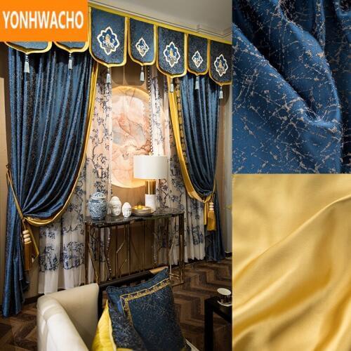 Custom curtains luxury Modern Chinese blue gold stitching thick living room embroidered cloth blackout curtain tulle drape N991