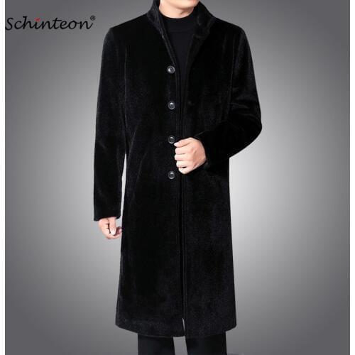 Schinteon Men Faux Mink Fur Long Jacket Winter Warm Outwear Stand Colar Slim Trench Coat Single Breasted Business Casual Parkas