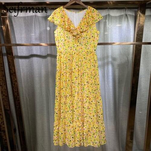 Seifrmann New 2021 Summer Women Fashion Runway Party A-Line Dress Sexy V-Neck Ruffles High Waist Printed Ladies Long Dresses
