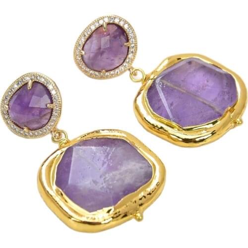 GG Jewelry Natural Purple Nugget Amethyst Gold Plated Drop Amethyst CZ Paved Stud Earrings