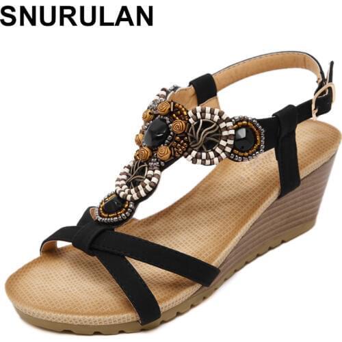 SNURULAN 2019 wedge sandals, womens bohemian gladiator sandals with beads, summer womens high-heeled shoes, beach sandals