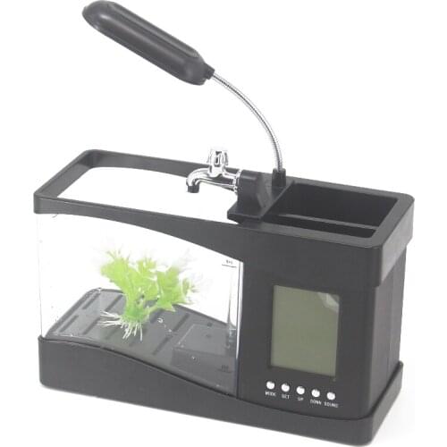 USB Desktop Mini Aquarium Fish Tank Beta Aquarium with LED Light LCD Display Screen and Clock Fish Tank Decoration with Pebbles