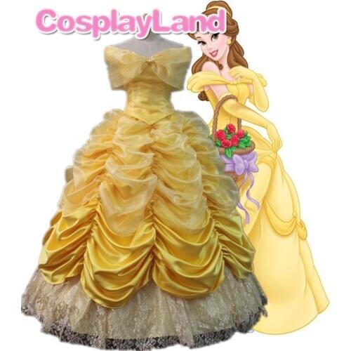 Princess Belle Yellow Dress Cosplay Fancy Halloween Costumes Belle Costume Off Shoulder for Adult Women Dress Custom Made