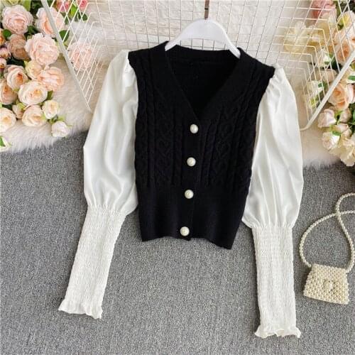 Fall 2021 Women Clothing Loose Fashion V-neck Lantern Sleeve Stitching Knit Cardigan Womens Short Sweater Top Casual Tops