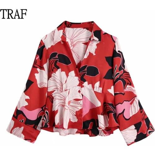 TRAF Za 2021 Woman Shirt Autumn Vintage Floral Prnit Women Shirt Long Sleeve Top Loose Korean Clothing Casual Blouses Chic Tops