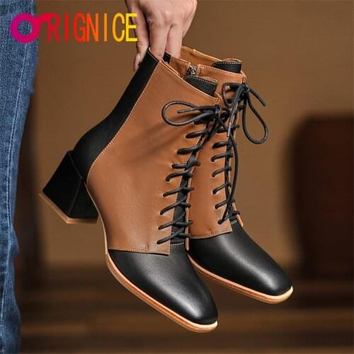 Orignice Real Leather Women Ankle Boots Mixed Color Cross Tied Zipper Thick High Heel Square Toe Party Footwear Big Size 34-43