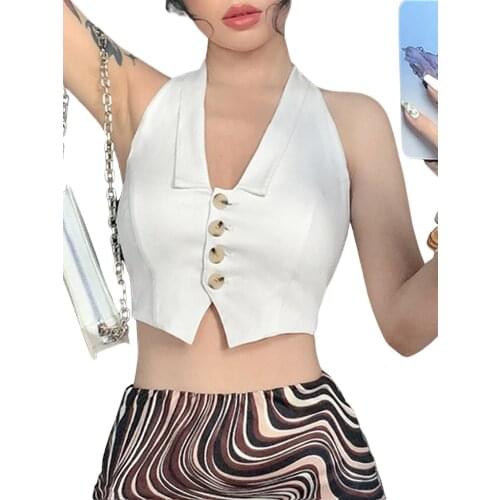 2021 New Womens Halter Crop Tank Tops Sleeveless V Neck Solid Color Button Down Lapel Camisole Vest Soft Slim Crop Tops