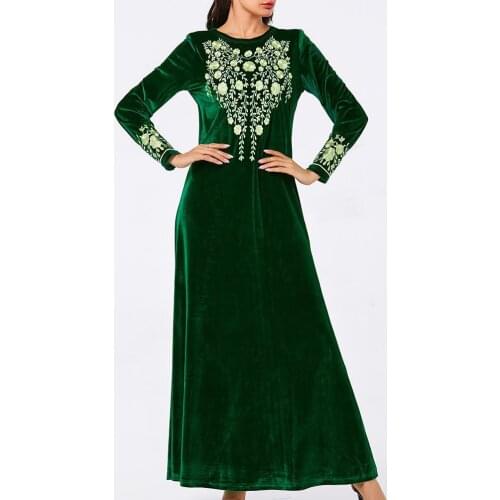 Autumn Winter Elegant Muslim Islamic Velvet Party Embroidery Dress Christmas Clothing Ladies Fashion Loose Long Dresses Green