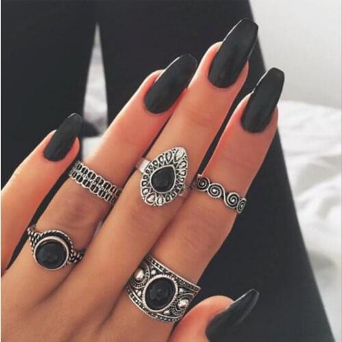 5 Pcs/ Set Classic Black Crystal Round Water Drop Clouds Geometrical Irregular Ring Set Lady Charm Costume Jewelry Accessories