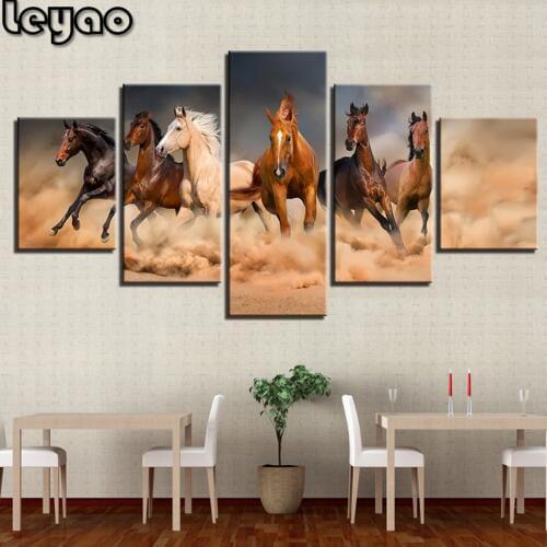 5D Diy Diamond Painting 5 Panel Animal Horses Needlework Decorative full Square Round Diamond Embroidery Sale