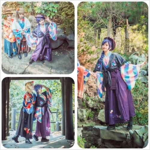 Anime Love Live! Tojo Nozomi Taisho Kimono Unawakened Cosplay Costume Custom Adult Women Purple Dress Hat Flower Satin Shawl