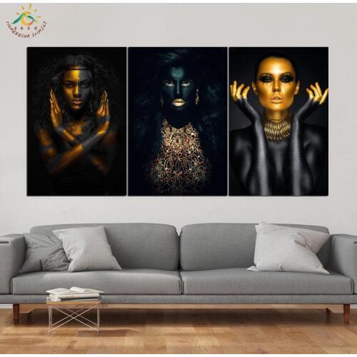 Black Gold Woman Modern Canvas Art Prints Poster Wall Painting Home Decoration Artwork Wall Art Pictures for Bedroom 3 PIECES