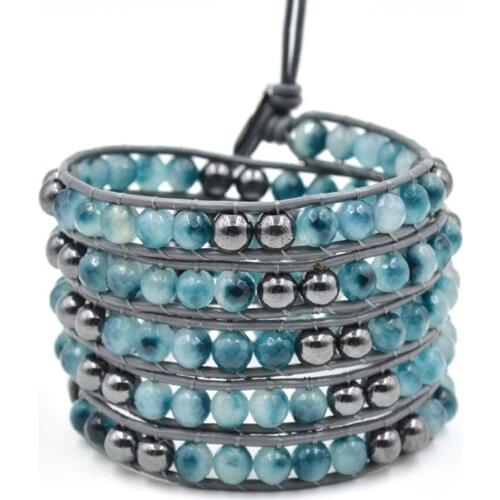 Faceted Blue Natural Stone Leather Wrap Bracelet for Women Retro Gunmetal Hematite Boho Bracelets Jewelry Gift Dropshipping