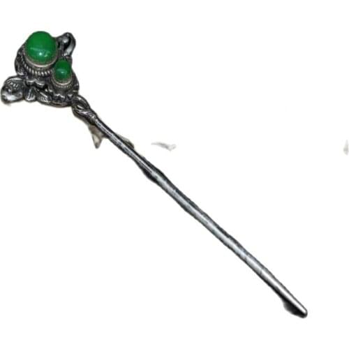 China Old Tibetan Silver Inlaid Green Jade Hairpin