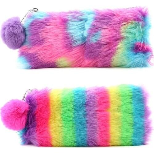 Korean Kawaii Cute Plush School Pencil Case Rainbow Color Pen Case For Girls Large Capacity Pen Bag Stationery Pouch Box