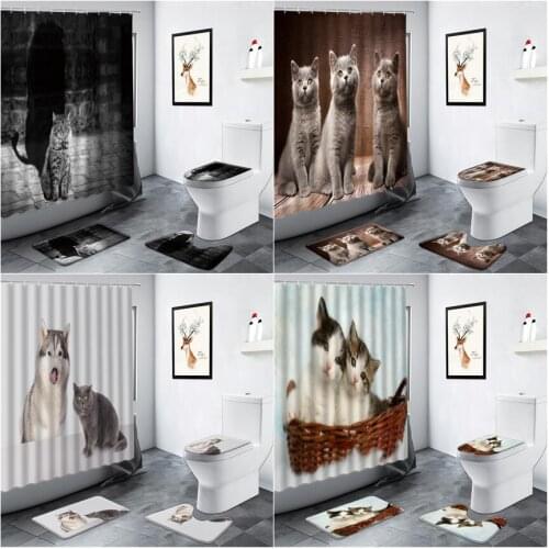 Cat Dog Shower Curtains Funny Animals British Bobtail Pet Home Decor Bathroom Carpet Non-slip Rug Toilet Foot Mat Bath Mats Set