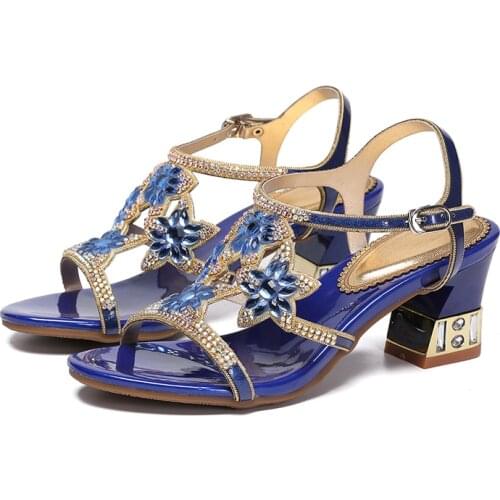 Rhinestone Sandals Women Thick Kitten Heel Summer Sandals Beautiful Flower Buckle Straps Dress Pumps