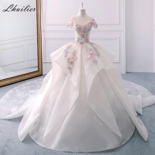 Lhuilier V Neck A-line Lace Wedding Dresses 2020 Cap Sleeves Beaded Cathedral Train Tiered Corset Back Bridal Dress with Flowers