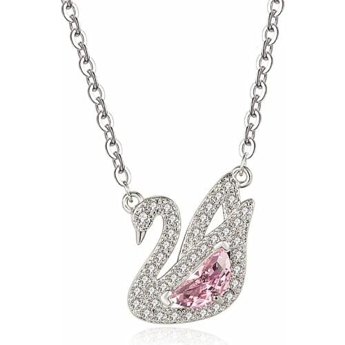 Fashion Swan Pink Crystal Zircon Diamonds Gemstones Pendant Necklaces For Women Girl White Gold Color Choker Jewelry Party Gifts