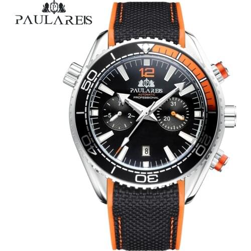 Men Automatic Self Wind Mechanical Canvas Rubber Strap Orange Blue Red Multifunction Date Month Watch