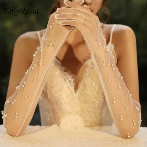New Arrival Sheer Tulle Bridal Gloves Pearls White Elegant Mesh Gloves for Bride Long Sleeve Wedding Accessories Free Shipping