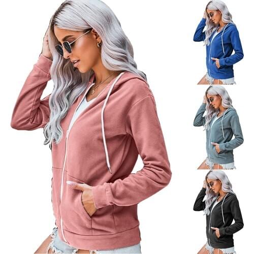Autumn Zip Up Hoodie Women Plain Color Sweatshirt Stylish Drawstring Hooded Tops Leisure Long Sleeve Outerwear Coat With Pocket