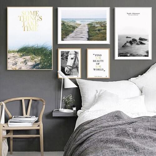 Natural Scenery Animal White Horse Grass Plank Road Gold Letters Canvas Painting Sofa Wall Picture Poster Living Room Decoration