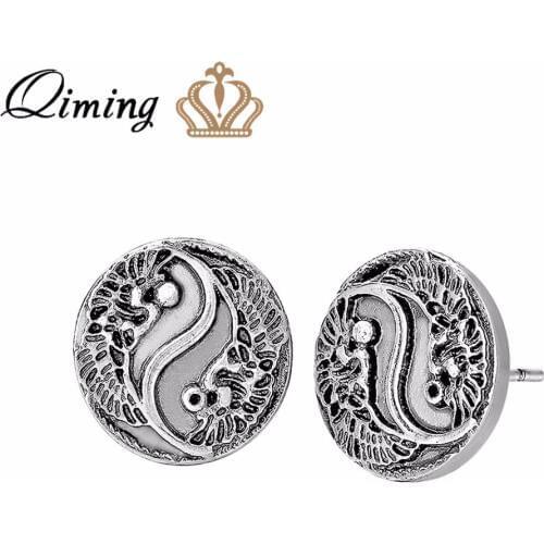QIMING Men Yin Yang Stud Earrings Women Ethnic Jewelry Ethnic Vintage Round Pendant Ancient Symbol Boho Earrings Gift