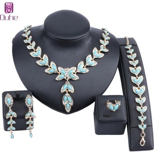 Wedding Gold Color Gem Crystal Trendy Necklace Jewelry Sets Party Women African Beads Bridal Bracelet Ring Earrings Accessories